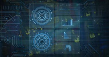 Bilgisayar sunucusunun üzerinden mavi arkaplana karşı veri işleme ile dijital arayüz. bilgisayar arayüzü teknolojisi kavramı