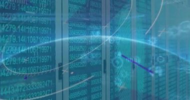 Küresel ve mavi arka planda finansal veri işleme animasyonu. Küresel finans ekonomisi ve teknoloji kavramı dijital olarak oluşturulmuş video.