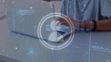 Animation of data processing and user icon over asian boy using laptop at school. School, education and learning with technology concept digitally generated video.