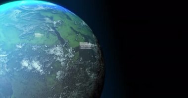 Siyah arka planda dünya ve veri işleme animasyonları. Dijital olarak oluşturulmuş küresel ağ, bağlantılar, iletişim ve teknoloji konsepti.