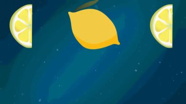 Animation of lemon and lemon halves falling on blue background with dots. Food, fruit, party and fun concept digitally generated video.