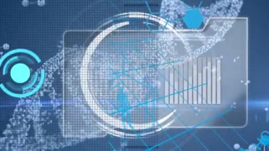 Veri işleme ve DNA iplikçikleri üzerinde yapılan taramaların animasyonu. Küresel teknoloji, bilgisayar ve dijital arayüz kavramı dijital olarak oluşturulmuş video.