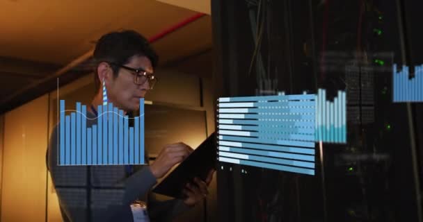 Multiple Screens Data Processing Asian Male Engineer Working Computer Server — Vídeo de stock