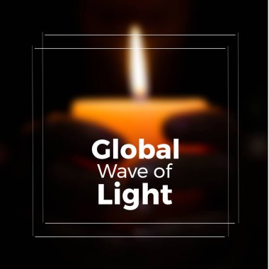 Composite of caucasian person's hands holding illuminated candle and global wave of light text. Support, pregnancy, infant loss, miscarriage, healthcare, awareness and prevention concept.