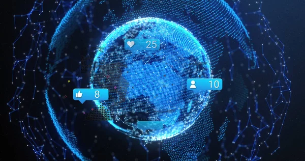 Image Globe Connections Social Media Reactions Navy Background Global Network — ストック写真