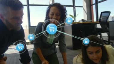 Animation of network of connections over diverse business people in office. global business, connections and digital interface concept digitally generated video.