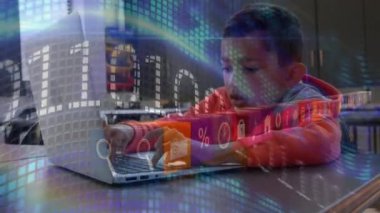 Animation of online security padlock and data processing over businessman using laptop. School and education concept.