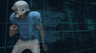 Animation of digital screen with globe over diverse male american football players. Sport, competition, data processing and technology concept digitally generated video.