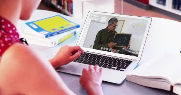 Animation Online Marketing Text Icons Caucasian Woman Using Laptop Global — Vídeos de Stock