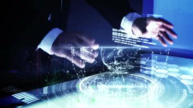 Animation of hands of caucasian businessman using touchscreen with diverse data. global business, connections, technology and data processing concept digitally generated video.