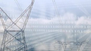 Animation of data processing over pylons and sky with clouds. global technology and data processing concept digitally generated video.
