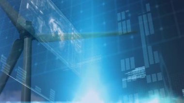 Rüzgar türbini ve gökyüzü üzerindeki veri işleme ve ışık izlerinin animasyonu. küresel teknoloji ve veri işleme kavramı dijital olarak oluşturulmuş video.