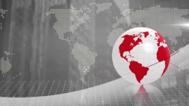 Dünya haritasının dünya veri işleme ve şehir manzarası üzerindeki animasyonu. küresel bağlantılar, dijital arayüz ve dijital olarak oluşturulmuş video işleme konsepti.