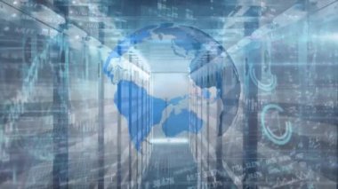 Sunucular üzerinde çeşitli finansal verilerin, grafiklerin ve dünyanın animasyonları. küresel finans, ekonomi, teknoloji ve dijital arayüz kavramı dijital olarak oluşturulmuş video.