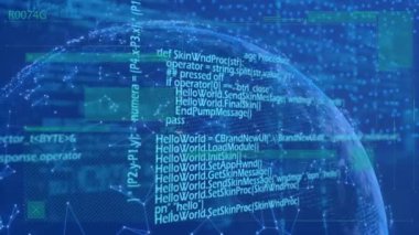 Küresel ve mavi arka planda veri işleme animasyonu. küresel bağlantılar, veri işleme ve dijital arayüz konsepti dijital olarak oluşturulmuş video.