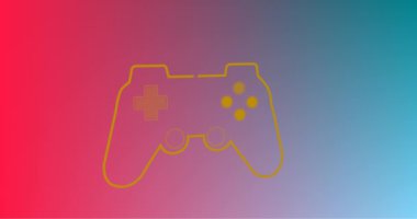 Mavi ve pembe arka planda parlayan oyun konsolunun animasyonu. Video oyunu konsepti dijital olarak oluşturuldu.