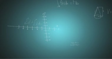 Mavi arkaplan üzerinde el yazısıyla yazılmış matematiksel formüllerin animasyonu. Bilim, matematik ve öğrenme konsepti dijital olarak oluşturulmuş video.