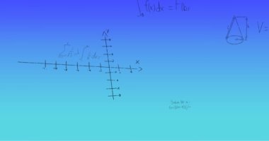 Mavi arkaplan üzerinde el yazısıyla yazılmış matematiksel formüllerin animasyonu. Bilim, matematik ve öğrenme konsepti dijital olarak oluşturulmuş video.
