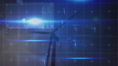 Veri işleme animasyonu ve rüzgar türbini ve bulutlu gökyüzü üzerindeki ışık yolları. küresel teknoloji ve veri işleme kavramı dijital olarak oluşturulmuş video.