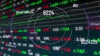 Animation of scope scanning over stock market on black background. global technology, digital interface and networks concept digitally generated video.