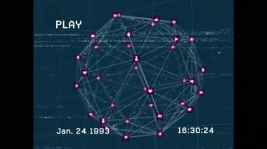 Ekranın arızalı ve dönen bağlantı ağıyla canlandırılması. küresel bağlantılar, veri işleme ve dijital arayüz konsepti dijital olarak oluşturulmuş video.