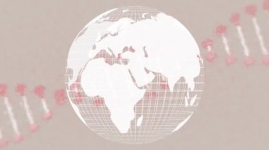 Animation of dna chain and rotating globe on beige background. digital interface, genetics, technology and communication concept digitally generated video.