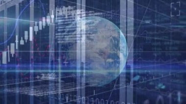 Animation of globe, diverse financial data and graphs over servers. global finance, economy, technology and digital interface concept digitally generated video.