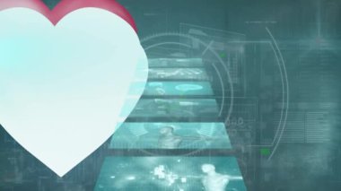 Farklı biyolojik verilerle ekranların üzerinde kalp animasyonu. İnsan biyolojisi, bilim, teknoloji ve dijital arayüz konsepti dijital olarak oluşturulmuş video.