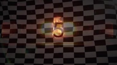 Animation of glowing burning number five over waving black and white racing flag. sports, competition and racing concept digitally generated video.