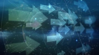Animation of arrows, numbers and globe rotating in navy space. global connections, technology and digital interface concept digitally generated video.