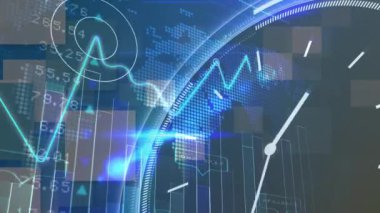 Grafiklerin animasyonu, finansal veriler ve hareket eden saat. küresel finans, ekonomi ve zaman dijital olarak üretilen video.