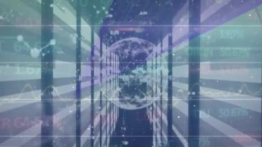Sunucular üzerinde çeşitli finansal verilerin, grafiklerin ve dünyanın animasyonları. küresel finans, ekonomi, teknoloji ve dijital arayüz kavramı dijital olarak oluşturulmuş video.