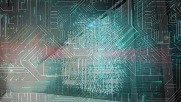 Animation Biometric Fingerprint Data Processing Glowing Computer Circuit Board Computing — Stockvideo