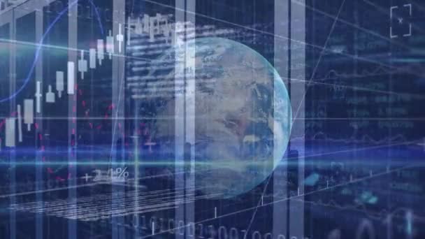 Animation Globe Diverse Financial Data Graphs Servers Global Finance Economy — Vídeo de Stock