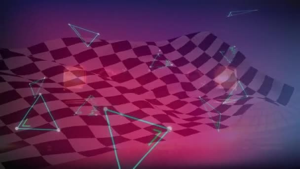 Animation Glowing Blue Triangles Waving Black White Racing Flag Sports — Vídeo de Stock