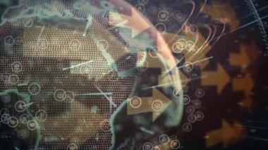 Sarı ve siyah uzayda dönen ikonların, ışıkların ve kürenin animasyonu. küresel bağlantılar, teknoloji ve dijital arayüz konsepti dijital olarak oluşturulmuş video.