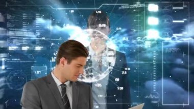 Animation of caucasian businessman over diverse data and woman using touchscreen. global business, connections, technology and data processing concept digitally generated video.
