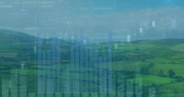 Manzara üzerinde veri işleme resmi. Küresel iş ve dijital arayüz kavramı dijital olarak oluşturulmuş görüntü.