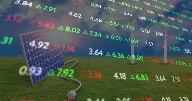 Güneş paneli, rüzgar türbinleri ve manzara üzerindeki veri işleme görüntüsü. Küresel teknoloji ve dijital arayüz konsepti dijital olarak oluşturuldu.