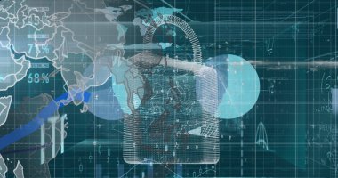 Dünya haritası, dijital asma kilit ve yeşil arkaplan üzerindeki finansal veriler. Küresel iş, finans, para ve ekonomi kavramı dijital olarak oluşturulan imaj.