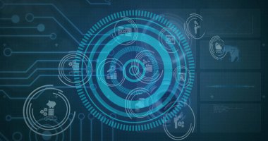 Mavi arkaplanda veri işleme resmi. küresel iş ve dijital arayüz kavramı dijital olarak oluşturulmuş görüntü.