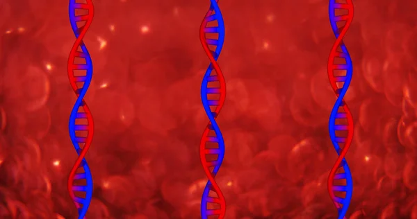 Bild Von Dna Strängen Auf Rotem Hintergrund Globale Wissenschaft Und — Stockfoto