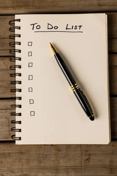 Vertical Image Notebook List Copy Space Wooden Surface Pen Business — Zdjęcie stockowe