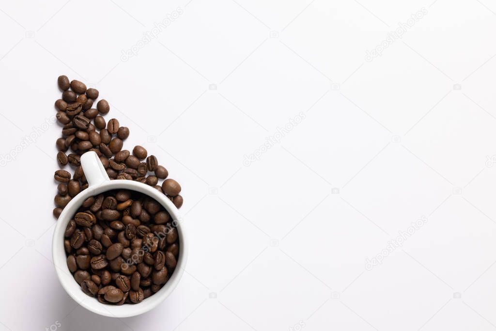 Image of pill of a coffee beans and cup of coffee beans on white background. Coffee, refreshment and beverages.