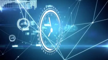 Mavi arkaplandaki saatle bağlantıların animasyonu. Ağ, bağlantılar ve zaman kavramı dijital olarak oluşturulmuş video.