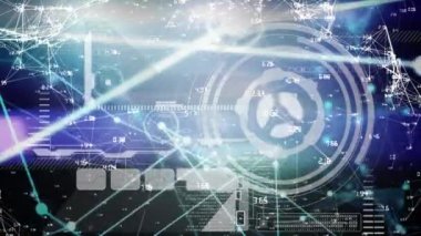 Animation of scope scanning and data processing with network of connections on black background. Global business, computing and digital interface concept digitally generated video.