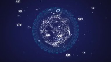 Kapsam taraması animasyonu ve siyah arkaplandaki bağlantıların küresi. Küresel iş, bilgisayar ve dijital arayüz kavramı dijital olarak oluşturulmuş video.