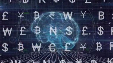 Animation of currency sings over blue background. Global business, finances, data processing and digital interface concept digitally generated video.