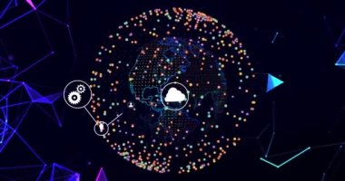 Dönen dünya üzerindeki dijital simgelerin ve bağlantıların animasyonu. Küresel bağlantılar, dijital dünya ve dijital arayüz konsepti dijital olarak oluşturulmuş video.