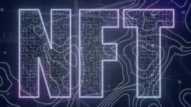 Koyu arkaplan üzerinde nft metin animasyonu. Küresel iş, finans, veri işleme ve dijital arayüz kavramı dijital olarak oluşturulmuş video.